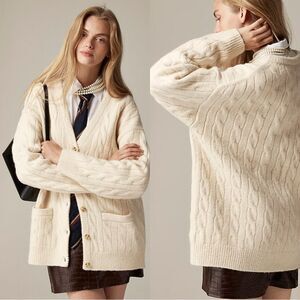 NWT J CREW Relaxed Merino Wool cable-knit cardigan sweater in Heather Muslin